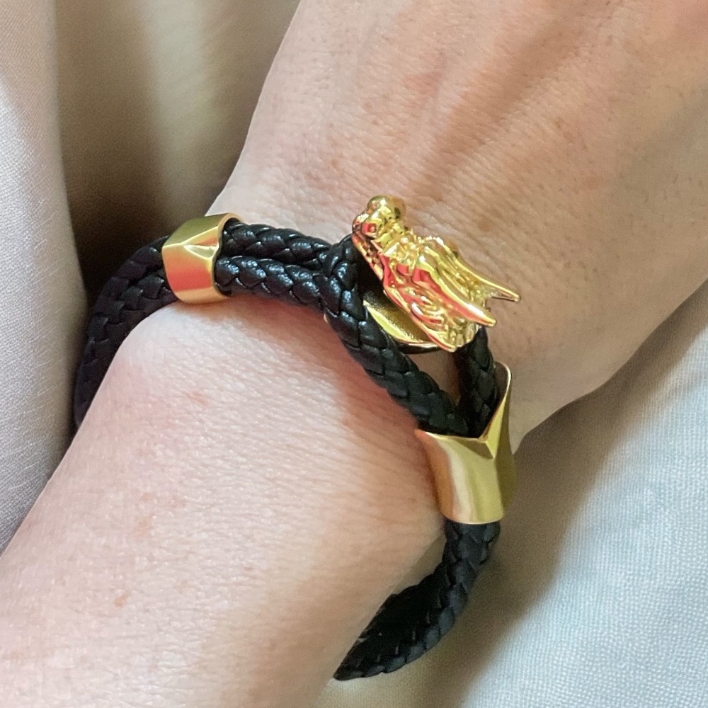 GENUINE Black Leather  & 18K Gold Dragon Bracelet 🐉 Unisex